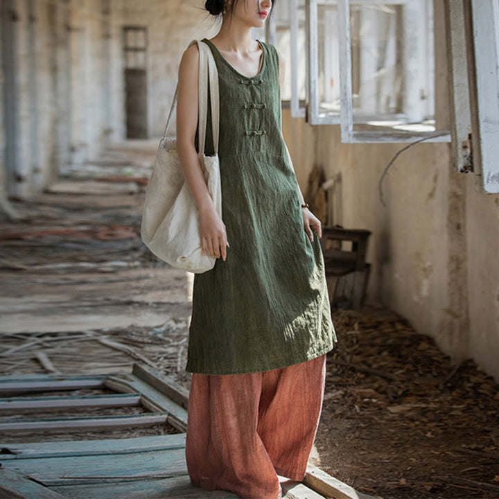 Buddha Stones Frog-Button Sleeveless Cami Midi Dress Ramie Linen Wide Leg Pants With Pockets - DarkSeaGreen Dress&Red Pants - US4-8/10,UK/AU8-12/14,EU36-40/42 (F) - image 18