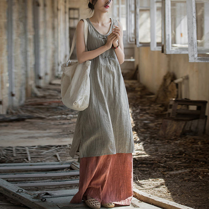 Buddha Stones Frog-Button Sleeveless Cami Midi Dress Ramie Linen Wide Leg Pants With Pockets - Linen Dress&Red Pants - US4-8/10,UK/AU8-12/14,EU36-40/42 (F) - image 11