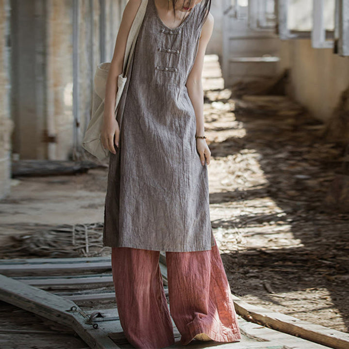Buddha Stones Frog-Button Sleeveless Cami Midi Dress Ramie Linen Wide Leg Pants With Pockets - Thistle Dress&Red Pants - US4-8/10,UK/AU8-12/14,EU36-40/42 (F) - image 26
