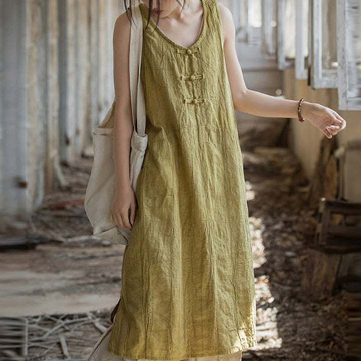 Buddha Stones Frog-Button Sleeveless Cami Midi Dress Ramie Linen Wide Leg Pants With Pockets - Yellow Dress(Dress Only) - US4-8/10,UK/AU8-12/14,EU36-40/42 (F) - image 7