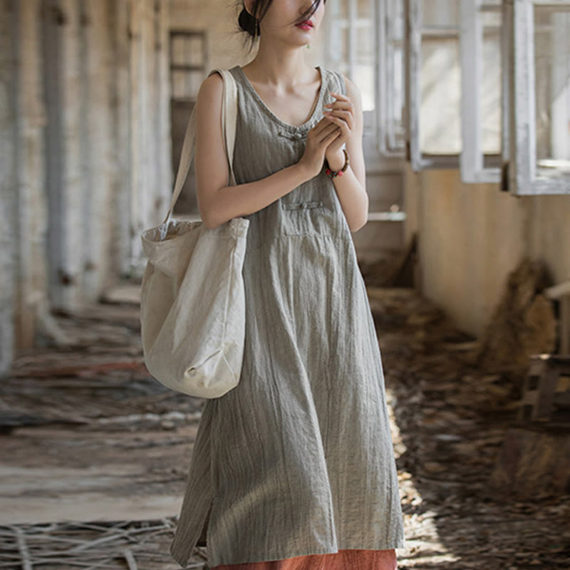 Buddha Stones Frog-Button Sleeveless Cami Midi Dress Ramie Linen Wide Leg Pants With Pockets - Linen Dress(Dress Only) - US4-8/10,UK/AU8-12/14,EU36-40/42 (F) - image 14