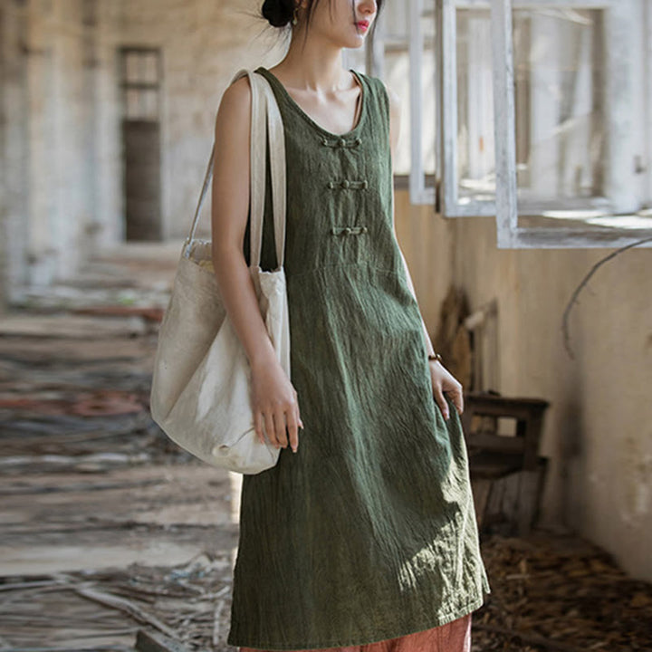 Buddha Stones Frog-Button Sleeveless Cami Midi Dress Ramie Linen Wide Leg Pants With Pockets - DarkSeaGreen Dress(Dress Only) - US4-8/10,UK/AU8-12/14,EU36-40/42 (F) - image 23
