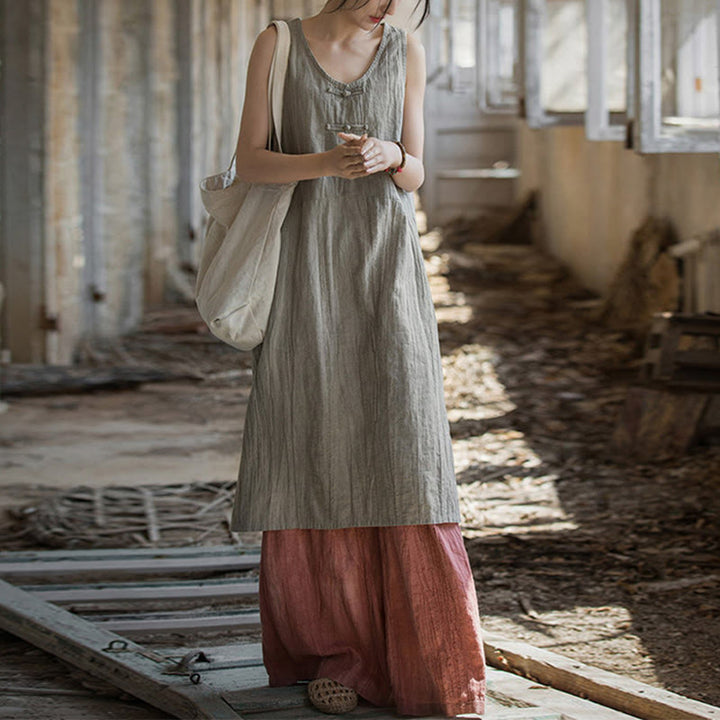 Buddha Stones Frog-Button Sleeveless Cami Midi Dress Ramie Linen Wide Leg Pants With Pockets - image 13