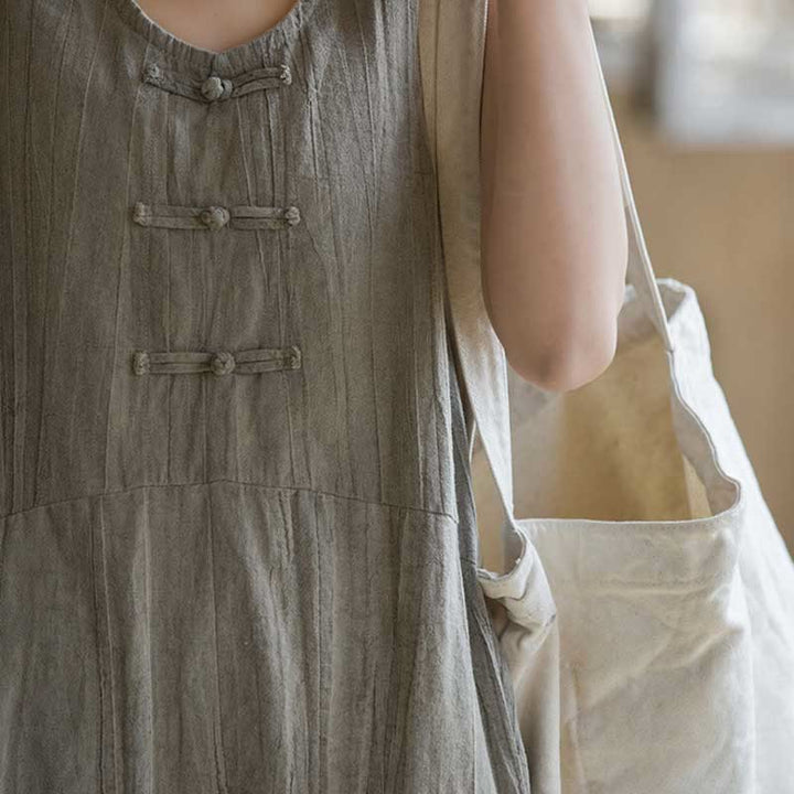 Buddha Stones Frog-Button Sleeveless Cami Midi Dress Ramie Linen Wide Leg Pants With Pockets - image 16