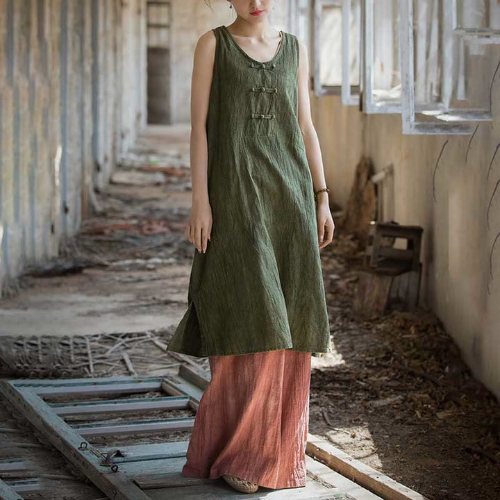 Buddha Stones Frog-Button Sleeveless Cami Midi Dress Ramie Linen Wide Leg Pants With Pockets - image 19