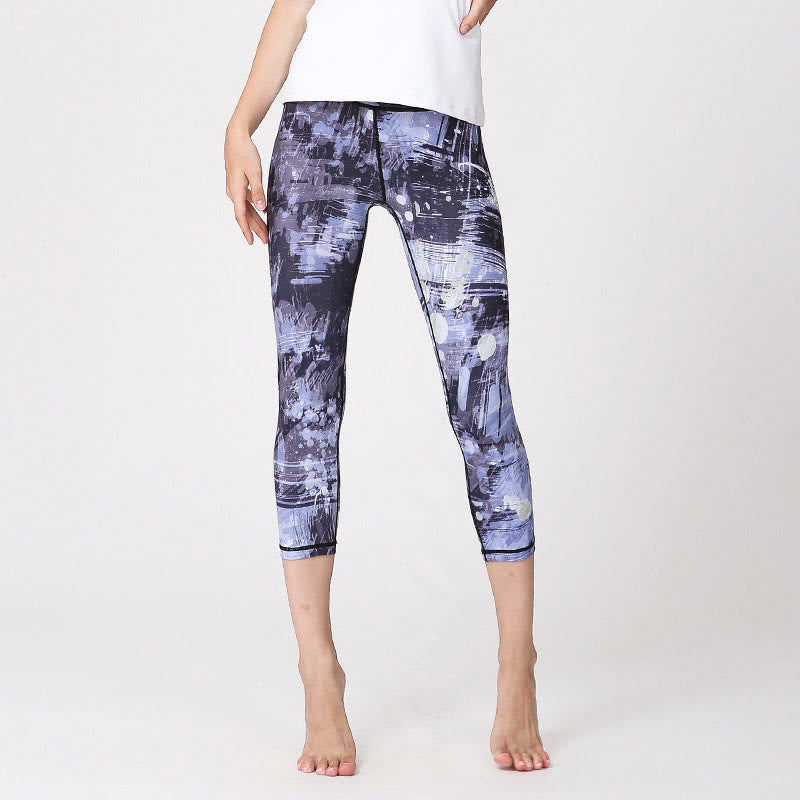 Buddha Stones Cherry Blossoms Sakura Lines Print Sports Yoga Cropped Leggings Women's Yoga Capri Pants - Gray Blue Lines - US8-10,UK/AU12-14,EU40-42 (XL) - image 9