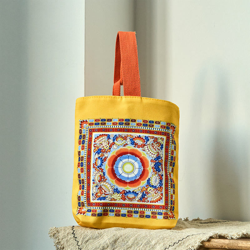 Buddha Stones Dunhuang Flying Apsaras Lotus Buddha Statues Canvas Handbag - Dunhuang Lotus Yellow 15*8*22cm - image 0