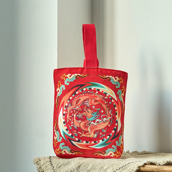 Buddha Stones Chinese Dragon Persimmon Canvas Handbag - Flying Dragon 15*8*22cm - image 4