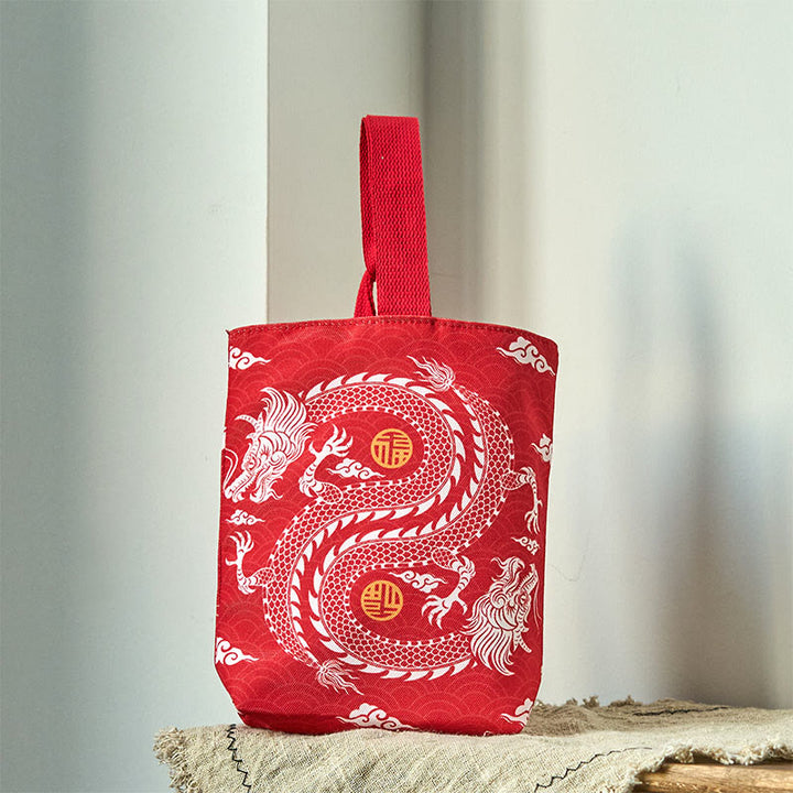 Buddha Stones Chinese Dragon Persimmon Canvas Handbag - Double Dragon 15*8*22cm - image 0