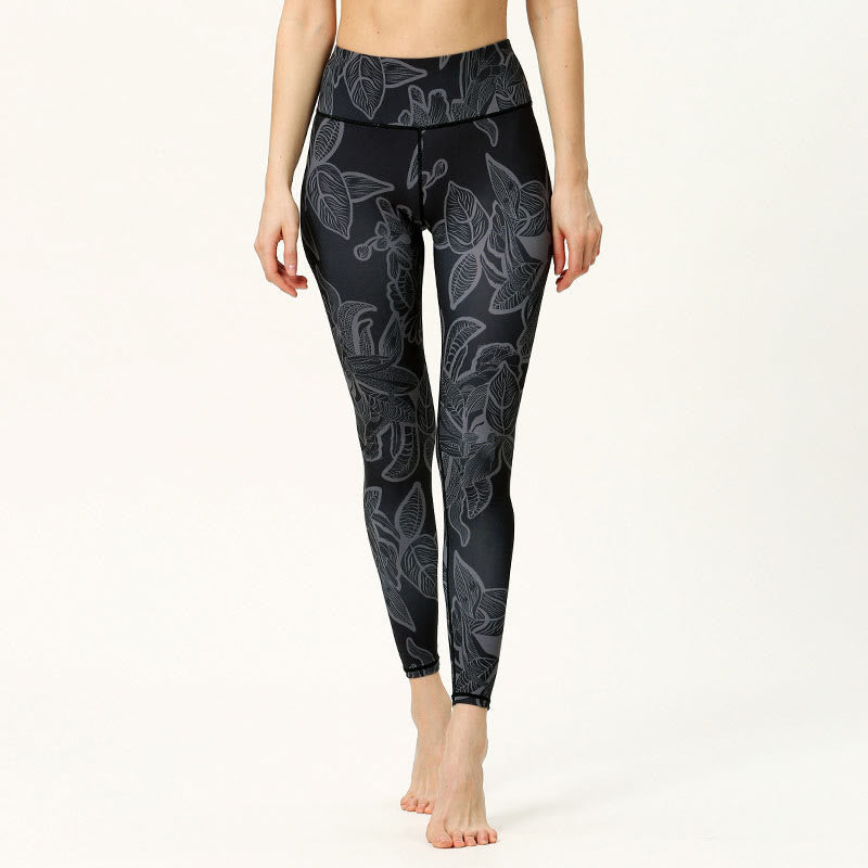 Buddha Stones Simple Leaves Print Sports Fitness Leggings Women's Yoga Pants - DimGray - US8-10,UK/AU12-14,EU40-42 (XL) - image 6