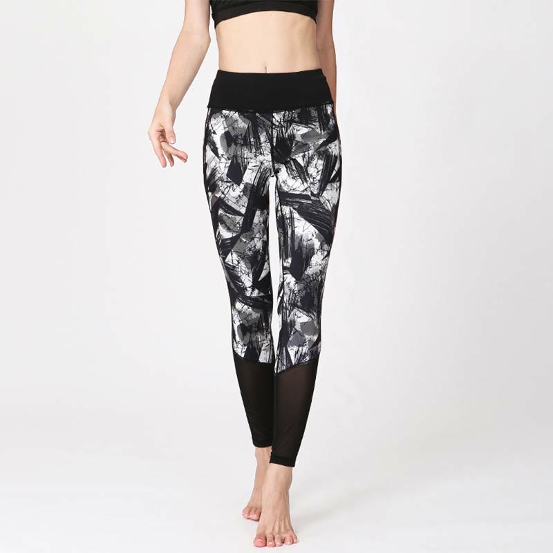 Buddha Stones White Black Ink Brush Lines Print Sports Fitness Mesh Leggings Women's Yoga Pants - Black White Lines - US8-10,UK/AU12-14,EU40-42 (XL) - image 0