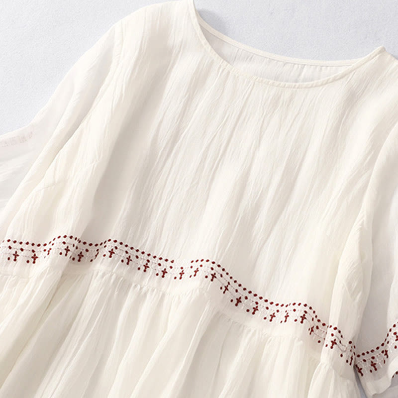 Buddha Stones Solid Color Embroidery Short Sleeve Cotton Midi Dress - image 5
