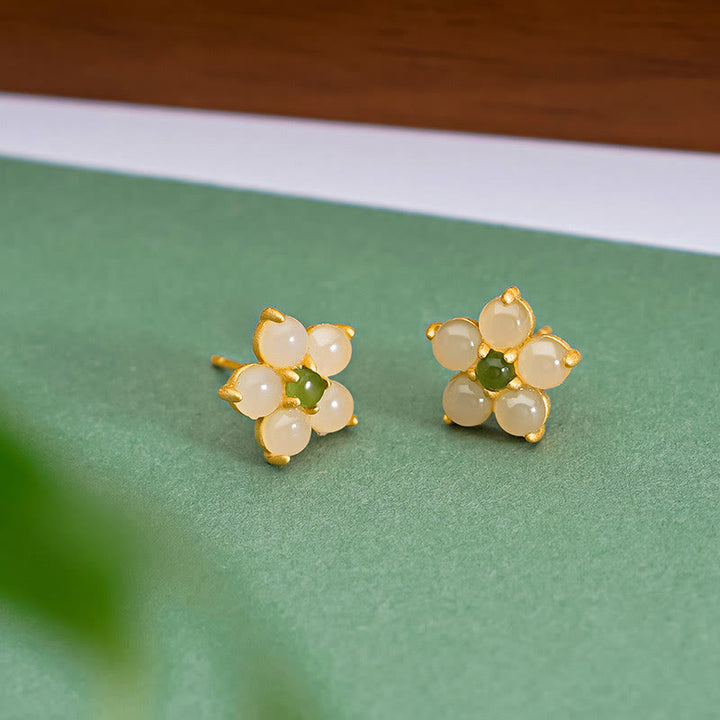 Buddha Stones 925 Sterling Silver Hetian Jade Luck Flower Stud Earrings - image 3