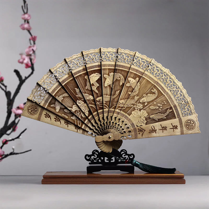 Buddha Stones Koi Fish Peony Bird Flower Engraved Hollow Handheld Phoebe Zhennan Wood Folding Fan 22cm - Koi Fish 22cm - image 0