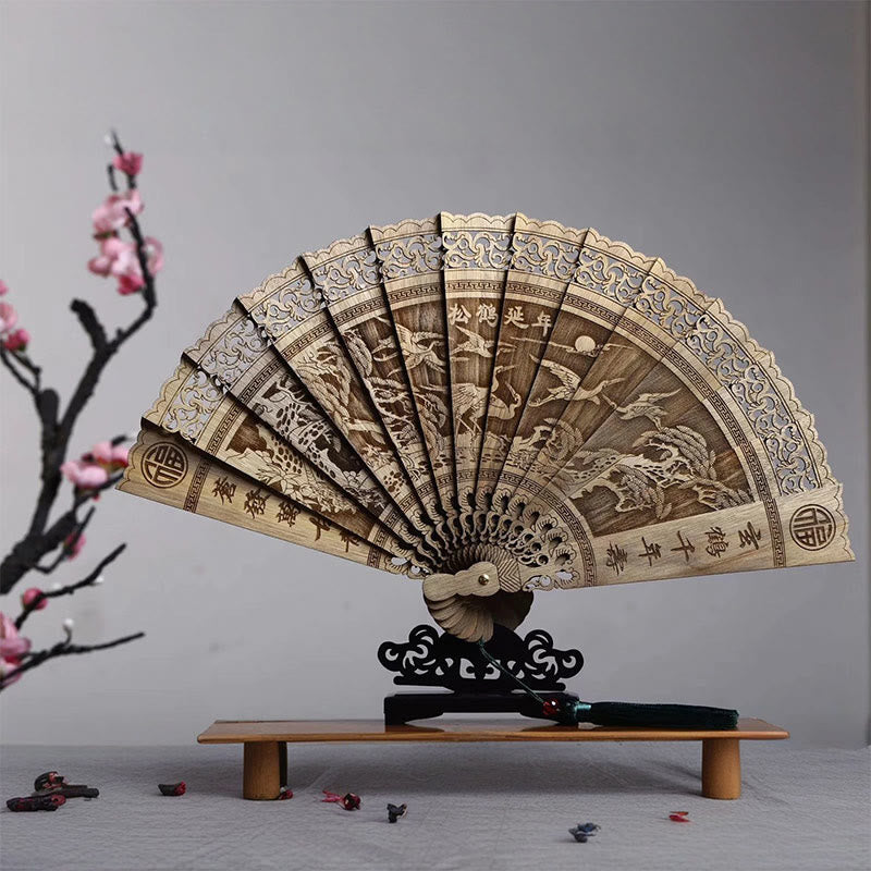 Buddha Stones Koi Fish Peony Bird Flower Engraved Hollow Handheld Phoebe Zhennan Wood Folding Fan 22cm - Pine Crane 22cm - image 1