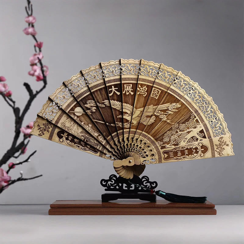 Buddha Stones Koi Fish Peony Bird Flower Engraved Hollow Handheld Phoebe Zhennan Wood Folding Fan 22cm - Eagle 22cm - image 2