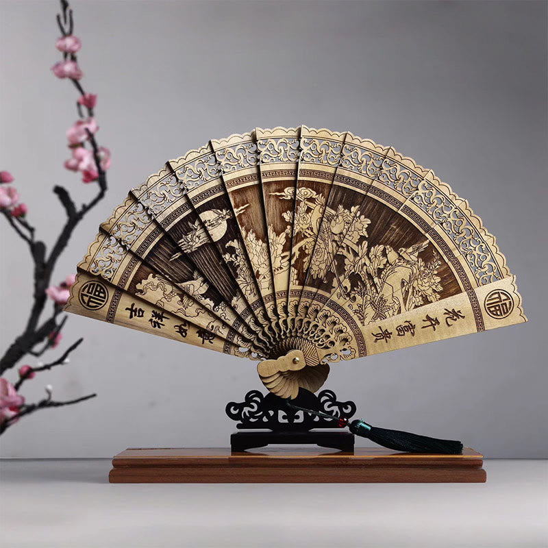 Buddha Stones Koi Fish Peony Bird Flower Engraved Hollow Handheld Phoebe Zhennan Wood Folding Fan 22cm - Peony Bird 22cm - image 3