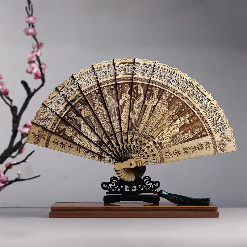 Buddha Stones Koi Fish Peony Bird Flower Engraved Hollow Handheld Phoebe Zhennan Wood Folding Fan 22cm - Characters From Dream Of Red Mansions 22cm - image 4