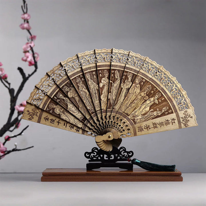 Buddha Stones Koi Fish Peony Bird Flower Engraved Hollow Handheld Phoebe Zhennan Wood Folding Fan 22cm - Characters From Dream Of Red Mansions 22cm - image 4