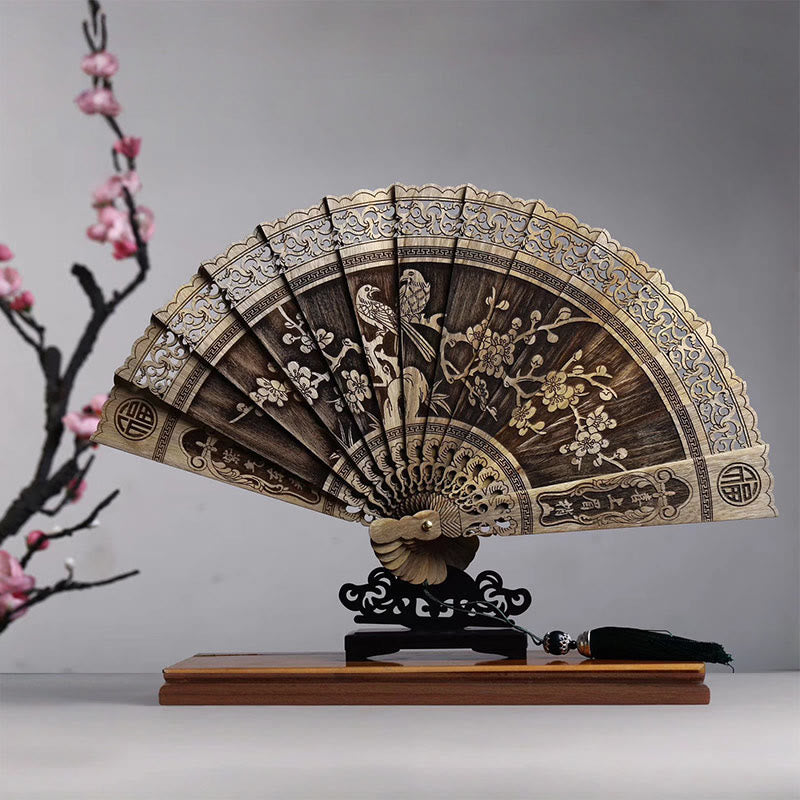 Buddha Stones Koi Fish Peony Bird Flower Engraved Hollow Handheld Phoebe Zhennan Wood Folding Fan 22cm - Magpie 22cm - image 6