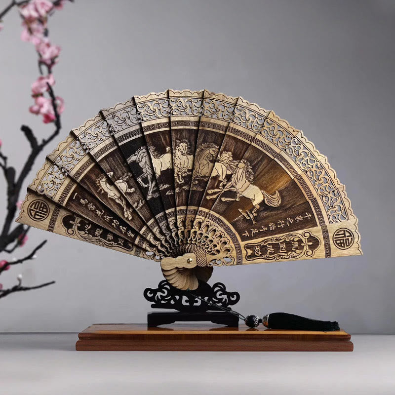Buddha Stones Koi Fish Peony Bird Flower Engraved Hollow Handheld Phoebe Zhennan Wood Folding Fan 22cm - Horse 22cm - image 7
