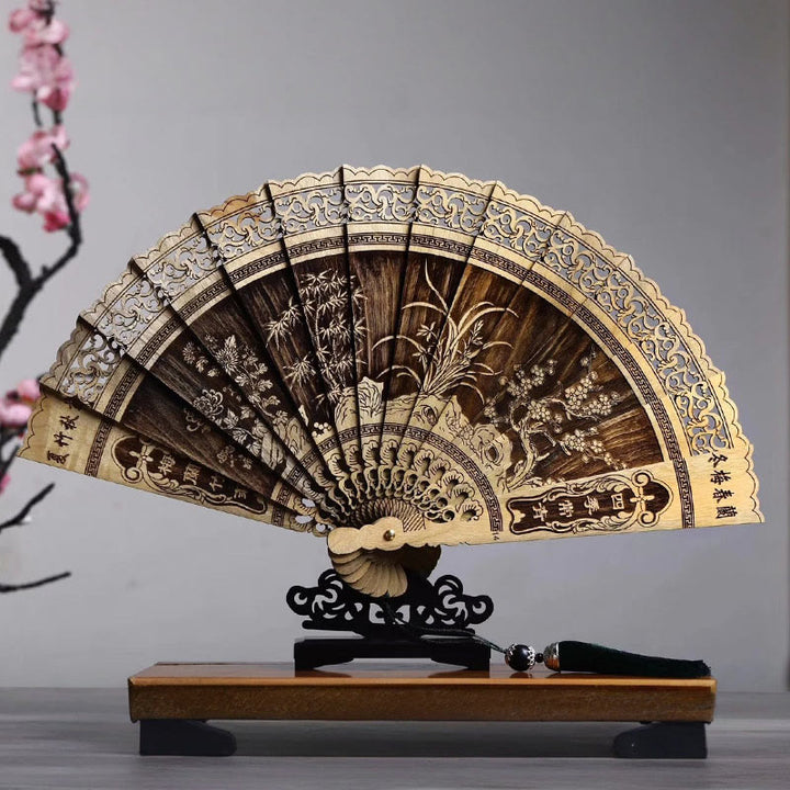 Buddha Stones Koi Fish Peony Bird Flower Engraved Hollow Handheld Phoebe Zhennan Wood Folding Fan 22cm - Plum Orchid Bamboo Chrysanthemum 22cm - image 8