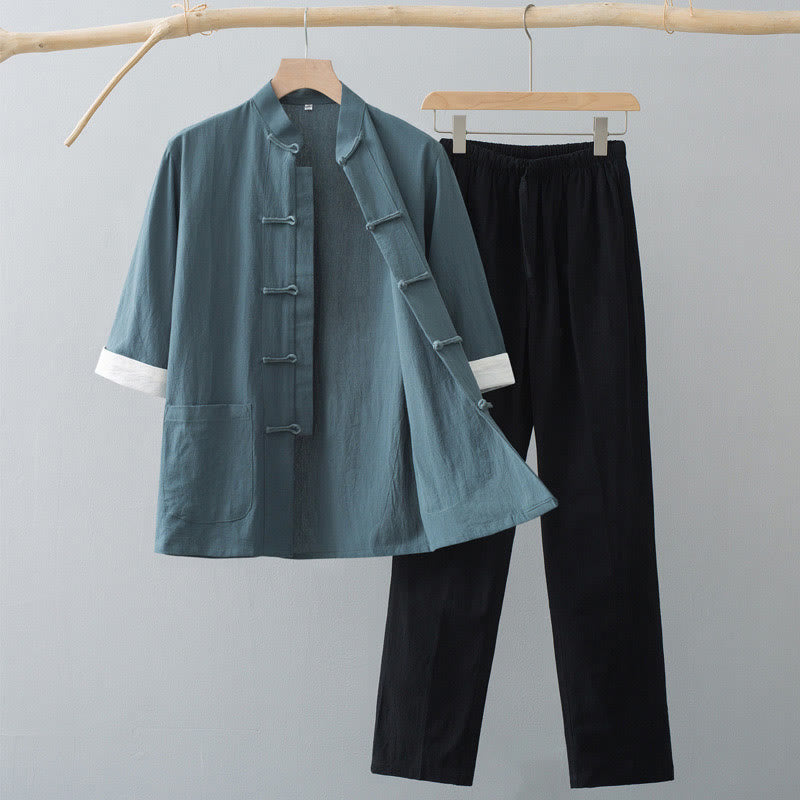 Buddha Stones Traditional Frog-Button Tang Suit Cotton Half Sleeve Top Pants Clothing Men's Set - Green Top&Black Pants - US/UK/AU44,EU54 (4XL)  - image 0