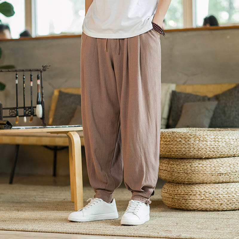 Buddha Stones Summer Plain Men's Cotton Linen Tapered Pants With Pockets - SandyBrown - US/UK/AU48,EU58(5XL)  - image 10