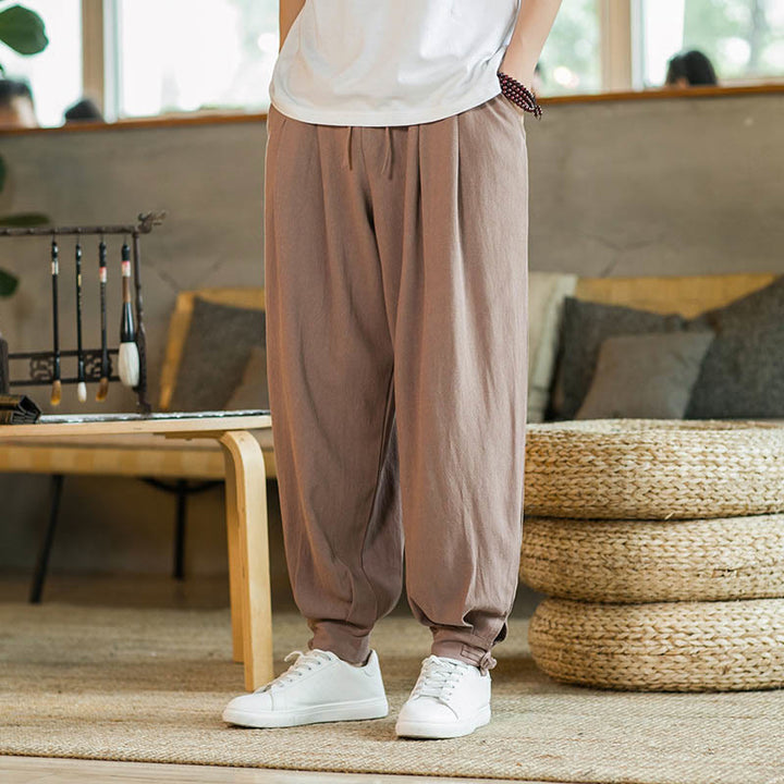 Buddha Stones Summer Plain Men's Cotton Linen Tapered Pants With Pockets - SandyBrown - US/UK/AU48,EU58(5XL)  - image 10