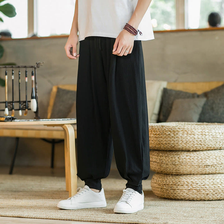 Buddha Stones Summer Plain Men's Cotton Linen Tapered Pants With Pockets - Black - US/UK/AU48,EU58(5XL)  - image 18