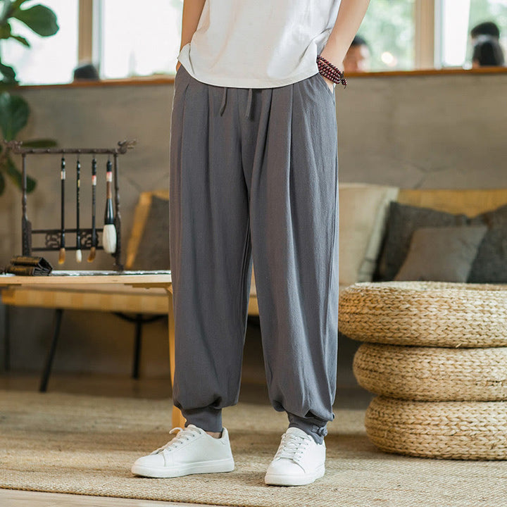 Buddha Stones Summer Plain Men's Cotton Linen Tapered Pants With Pockets - DarkGray - US/UK/AU48,EU58(5XL)  - image 0