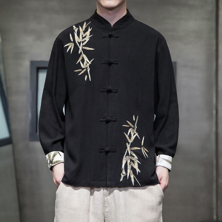 Buddha Stones Chinese Frog-Button Tang Suit Bamboo Leaves Long Sleeve Shirt Cotton Linen Men's Jacket - Black - US/UK/AU46,EU56 (5XL)  - image 6