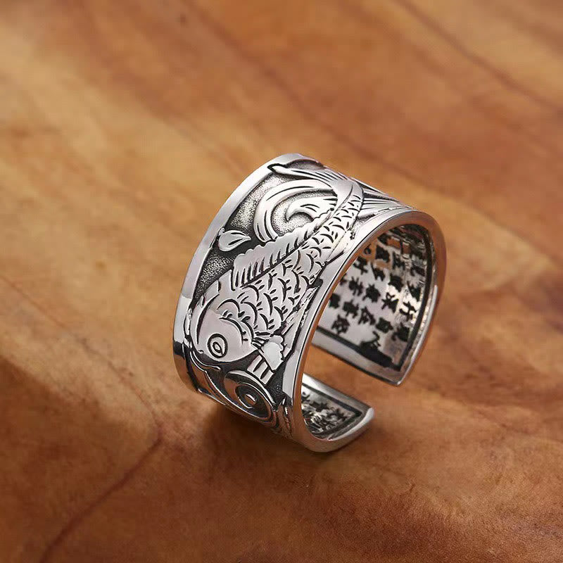 Buddha Stones Koi Fish Heart Sutra Carved Design Luck Wealth Ring - Koi Fish(Luck♥Prosperity)(Adjustable) - image 0
