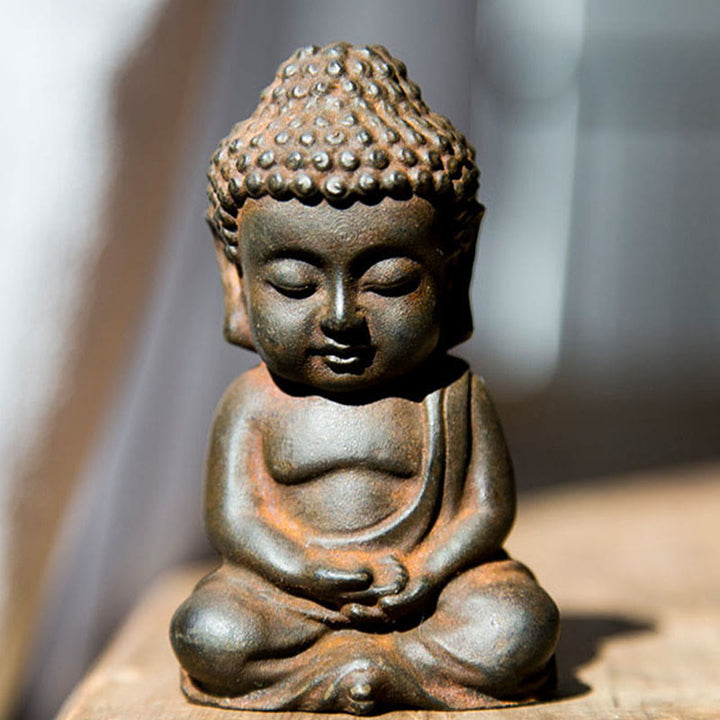 Buddha Stones Handmade Small Sakyamuni Buddha Iron Powder Rust Cast Resin Statue Decoration - Rust Version - Meditation Buddha 9*5.5cm - image 12