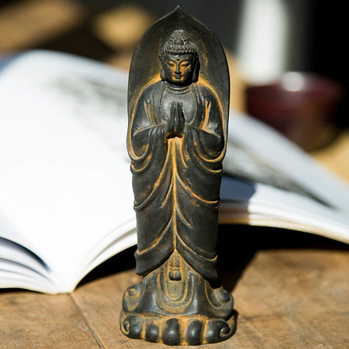 Buddha Stones Handmade Sakyamuni Buddha Namaste Iron Powder Rust Cast Resin Statue Decoration - image 4