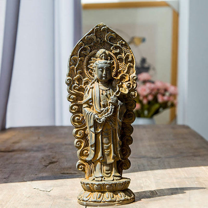 Buddha Stones Handmade Amitabha Guanyin Avalokitesvara Mahasthamaprapta Iron Powder Rust Cast Resin Statue Decoration - Buddha Ruyi Handle - Rust Version 18*7cm - image 0