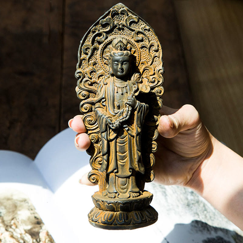 Buddha Stones Handmade Amitabha Guanyin Avalokitesvara Mahasthamaprapta Iron Powder Rust Cast Resin Statue Decoration - image 3