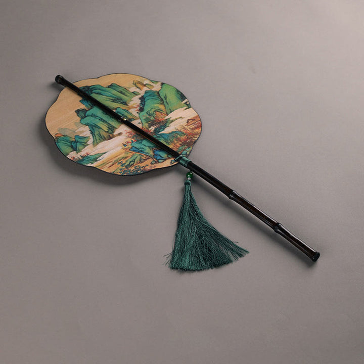 Buddha Stones Handmade Bamboo Thousand Miles of Rivers and Mountains Long Handle Portable Curlable Fan - Purple Bamboo - Plum Blossom Style 23*50cm - image 1