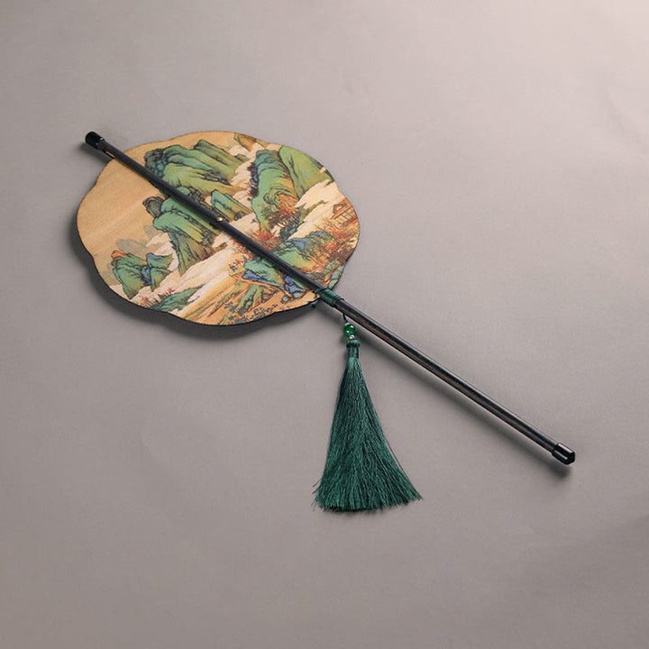 Buddha Stones Handmade Bamboo Thousand Miles of Rivers and Mountains Long Handle Portable Curlable Fan - Original Bamboo - Plum Blossom Style 23*50cm - image 9