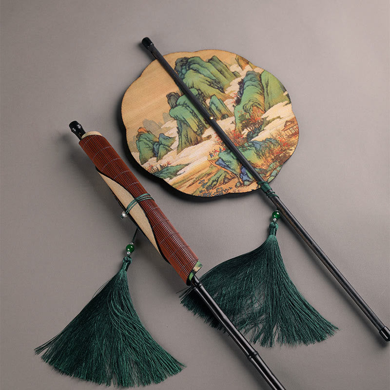 Buddha Stones Handmade Bamboo Thousand Miles of Rivers and Mountains Long Handle Portable Curlable Fan - image 0