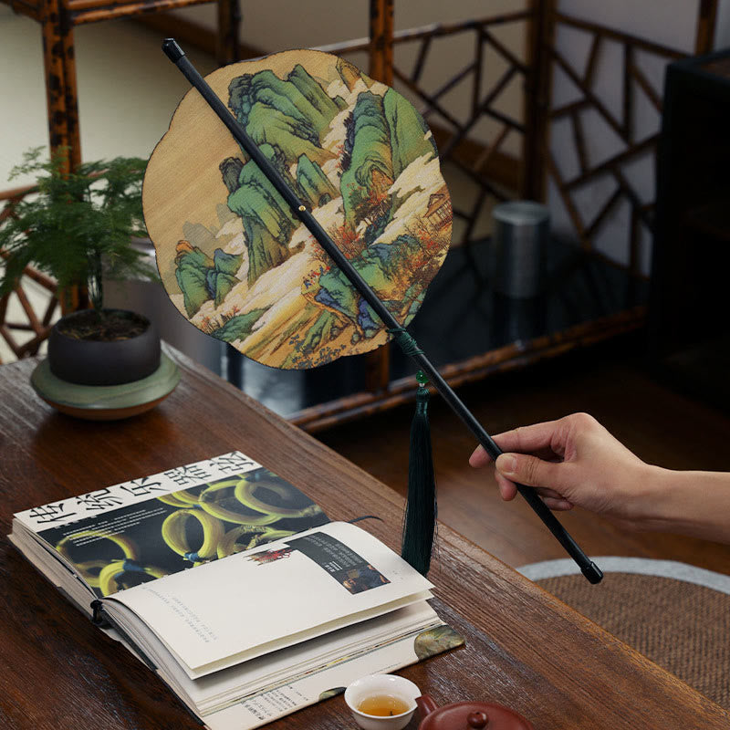 Buddha Stones Handmade Bamboo Thousand Miles of Rivers and Mountains Long Handle Portable Curlable Fan - image 10