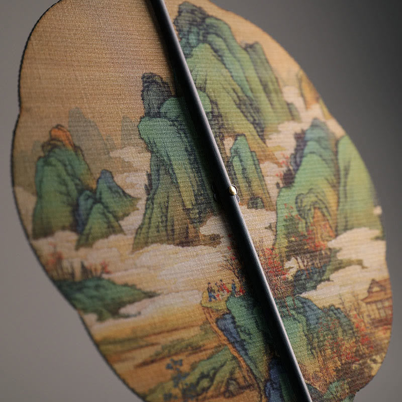 Buddha Stones Handmade Bamboo Thousand Miles of Rivers and Mountains Long Handle Portable Curlable Fan - image 12