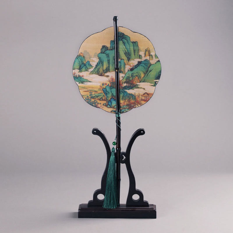 Buddha Stones Handmade Bamboo Thousand Miles of Rivers and Mountains Long Handle Portable Curlable Fan - image 4