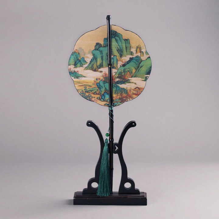 Buddha Stones Handmade Bamboo Thousand Miles of Rivers and Mountains Long Handle Portable Curlable Fan - image 4