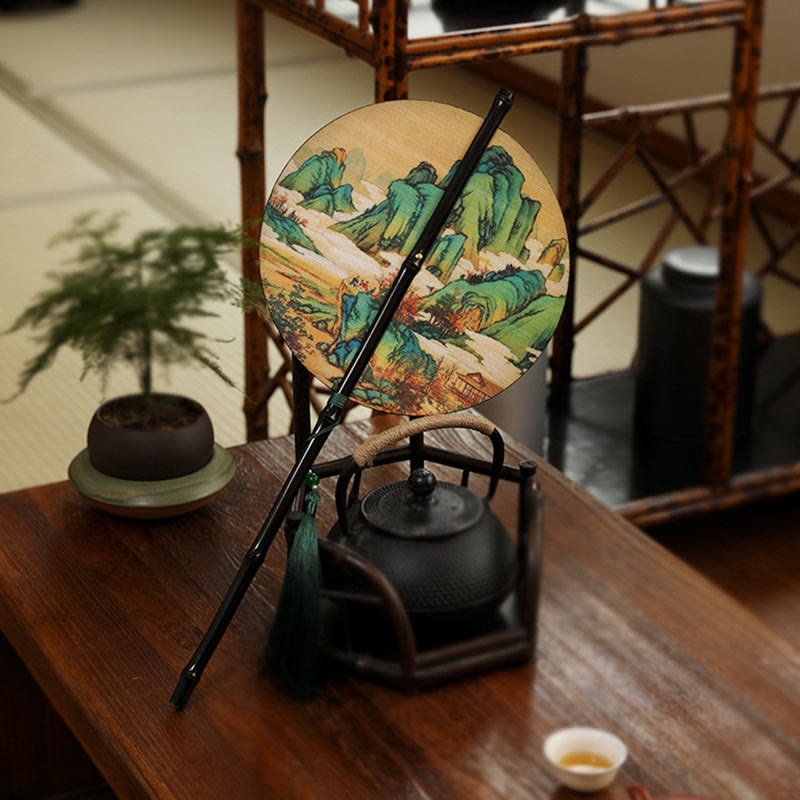 Buddha Stones Handmade Bamboo Thousand Miles of Rivers and Mountains Long Handle Portable Curlable Fan - image 8