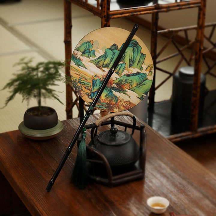 Buddha Stones Handmade Bamboo Thousand Miles of Rivers and Mountains Long Handle Portable Curlable Fan - image 8