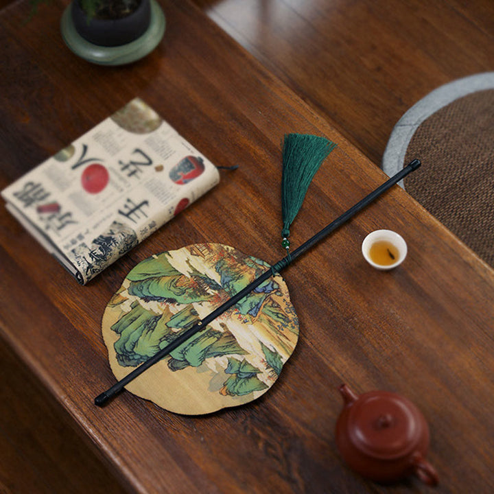 Buddha Stones Handmade Bamboo Thousand Miles of Rivers and Mountains Long Handle Portable Curlable Fan - image 11