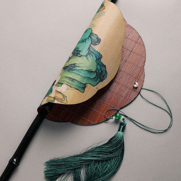 Buddha Stones Handmade Bamboo Thousand Miles of Rivers and Mountains Long Handle Portable Curlable Fan - image 3