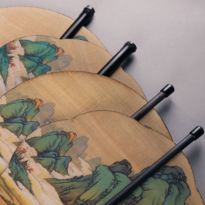 Buddha Stones Handmade Bamboo Thousand Miles of Rivers and Mountains Long Handle Portable Curlable Fan - image 13