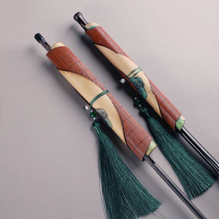 Buddha Stones Handmade Bamboo Thousand Miles of Rivers and Mountains Long Handle Portable Curlable Fan - image 16